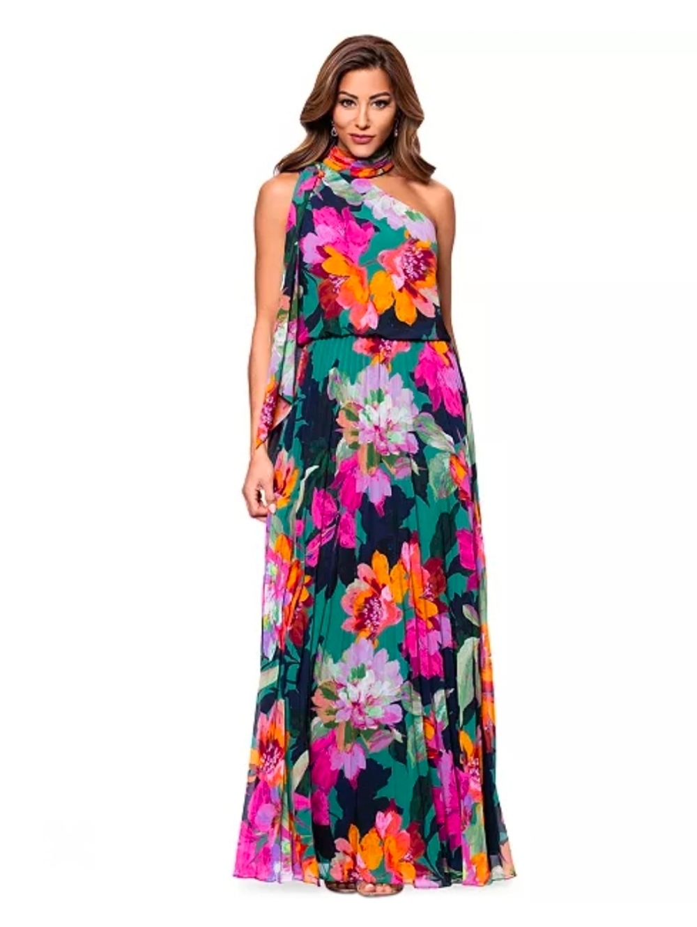 Xscape Pleated Floral Chiffon Scarf Maxi Dress Size 14 NWT $258 Formal Feminine